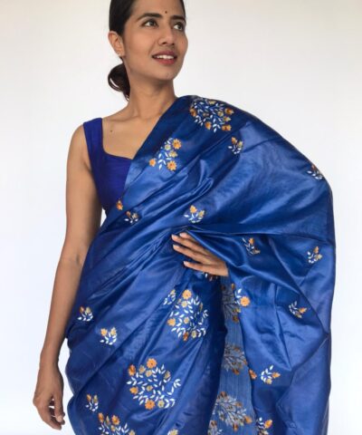 Royal Blue Embroidered Tussar Silk Saree