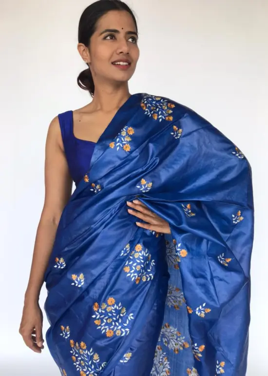 Royal Blue Embroidered Tussar Silk Saree