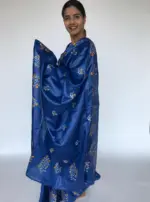 Royal Blue Embroidered Tussar Silk Saree - Image 2