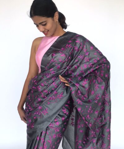 Grey Embroidered Tussar Silk Saree