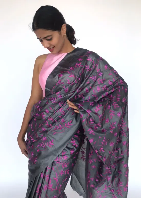 Grey Embroidered Tussar Silk Saree