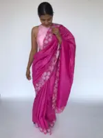 Hot Pink Embroidered Tussar Silk Saree - Image 4