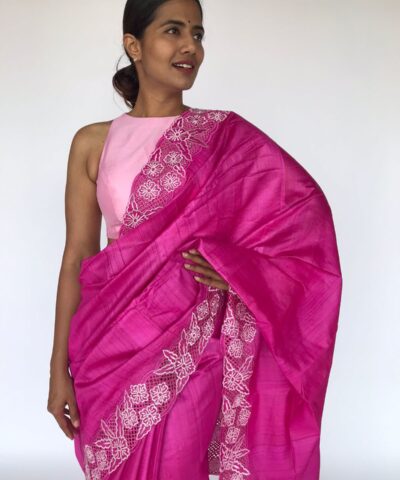 Hot Pink Embroidered Tussar Silk Saree