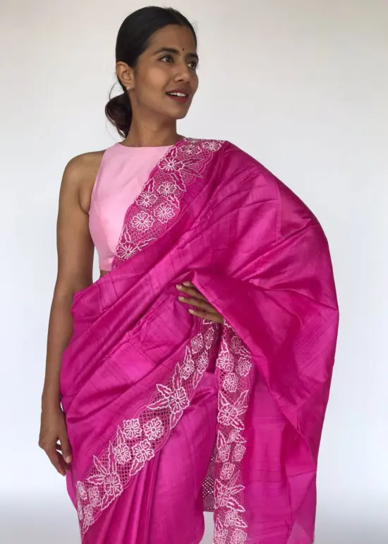 Hot Pink Embroidered Tussar Silk Saree