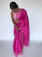 Hot Pink Embroidered Tussar Silk Saree - Image 3
