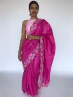 Hot Pink Embroidered Tussar Silk Saree - Image 2