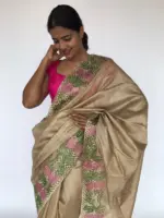 Ivory Embroidered Tussar Silk Saree