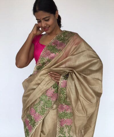 Ivory Embroidered Tussar Silk Saree
