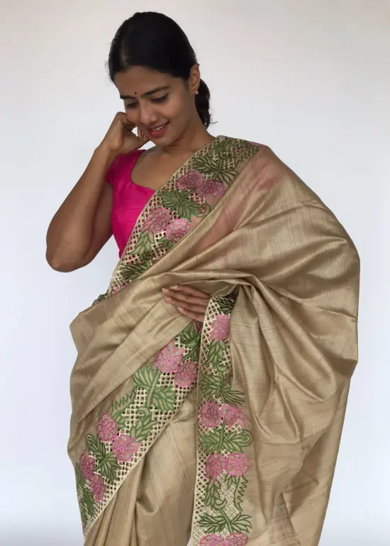 Ivory Embroidered Tussar Silk Saree