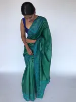Teal Green Embroidered Tussar Silk Saree - Image 4