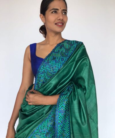 Teal Green Embroidered Tussar Silk Saree