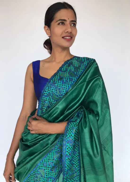 Teal Green Embroidered Tussar Silk Saree