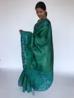 Teal Green Embroidered Tussar Silk Saree - Image 3