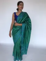 Teal Green Embroidered Tussar Silk Saree - Image 2