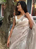 Mauve Hand Embroidered Tissue Organza Silk Saree - Image 2