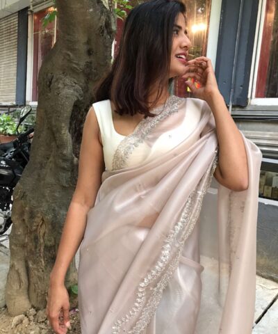 Mauve Hand Embroidered Tissue Organza Silk Saree
