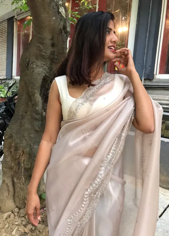 Mauve Hand Embroidered Tissue Organza Silk Saree