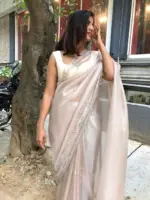 Mauve Hand Embroidered Tissue Organza Silk Saree - Image 3