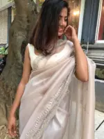 Mauve Hand Embroidered Tissue Organza Silk Saree - Image 4