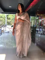 Mauve Hand Embroidered Tissue Organza Silk Saree - Image 7