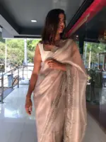 Mauve Hand Embroidered Tissue Organza Silk Saree - Image 5