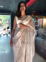 Mauve Hand Embroidered Tissue Organza Silk Saree - Image 6