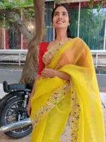 Neon Green Hand Embroidered Organza Saree