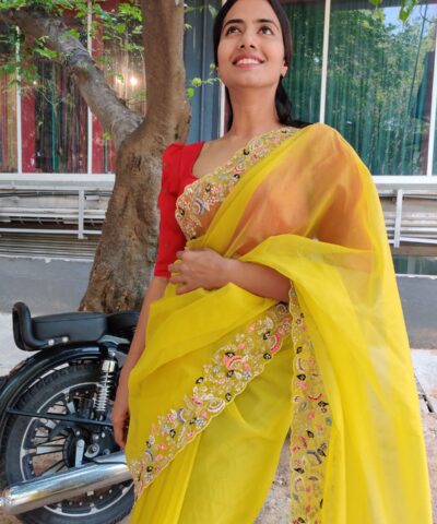 Neon Green Hand Embroidered Organza Saree