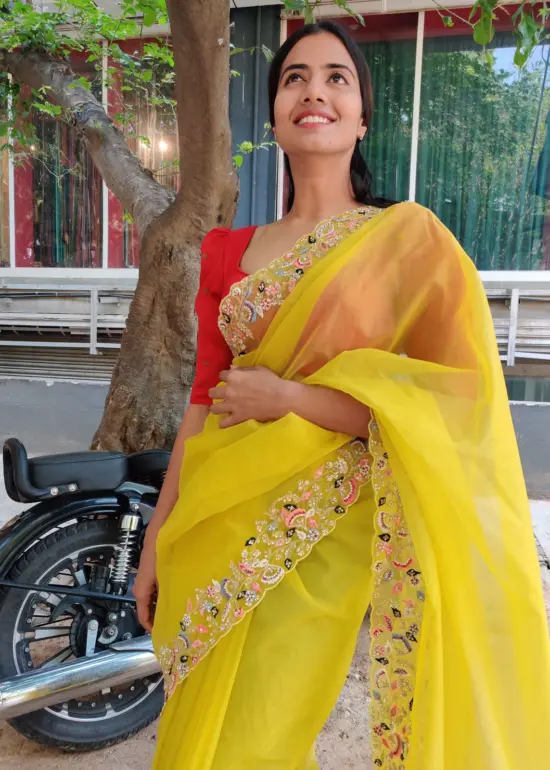 Neon Green Hand Embroidered Organza Saree
