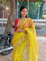 Neon Green Hand Embroidered Organza Saree - Image 2
