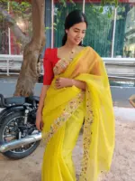 Neon Green Hand Embroidered Organza Saree - Image 3