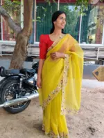 Neon Green Hand Embroidered Organza Saree - Image 5