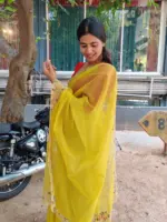 Neon Green Hand Embroidered Organza Saree - Image 4