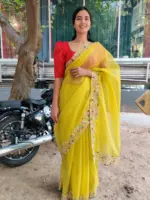 Neon Green Hand Embroidered Organza Saree - Image 6
