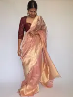 Powder Pink Tissue Silk Saree with  Resham Zari Weaves highlighted with Jacquard Zari Border - Image 5