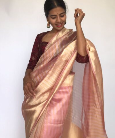 Powder Pink Tissue Silk Saree with  Resham Zari Weaves highlighted with Jacquard Zari Border