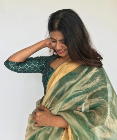 Sea Green Tissue Organza Silk Saree highlighted with Gold Zari Edging