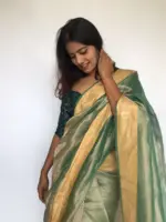 Sea Green Tissue Organza Silk Saree highlighted with Gold Zari Edging - Image 4