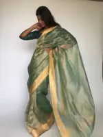 Sea Green Tissue Organza Silk Saree highlighted with Gold Zari Edging - Image 6