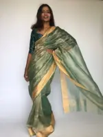 Sea Green Tissue Organza Silk Saree highlighted with Gold Zari Edging - Image 3
