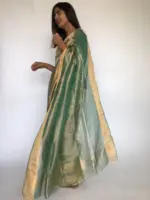 Sea Green Tissue Organza Silk Saree highlighted with Gold Zari Edging - Image 2