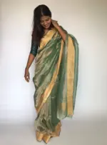 Sea Green Tissue Organza Silk Saree highlighted with Gold Zari Edging - Image 7