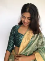 Amber Green Banarasi Silk Blouse with Mughal Inspired Zari Weaves - Image 3