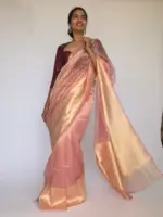Powder Pink Tissue Silk Saree with  Resham Zari Weaves highlighted with Jacquard Zari Border - Image 2