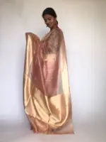 Powder Pink Tissue Silk Saree with  Resham Zari Weaves highlighted with Jacquard Zari Border - Image 3