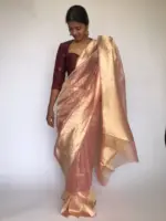 Powder Pink Tissue Silk Saree with  Resham Zari Weaves highlighted with Jacquard Zari Border - Image 4