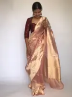 Powder Pink Tissue Silk Saree with  Resham Zari Weaves highlighted with Jacquard Zari Border - Image 6