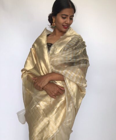 Ivory Tissue Silk Saree with  Resham Zari Weaves highlighted with Jacquard Zari Border