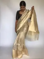 Ivory Tissue Silk Saree with  Resham Zari Weaves highlighted with Jacquard Zari Border - Image 6