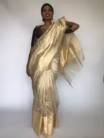 Ivory Tissue Silk Saree with  Resham Zari Weaves highlighted with Jacquard Zari Border - Image 4